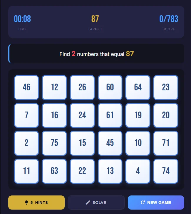 SumCruncher brain training game interface showing a grid of numbers with a target sum to solve